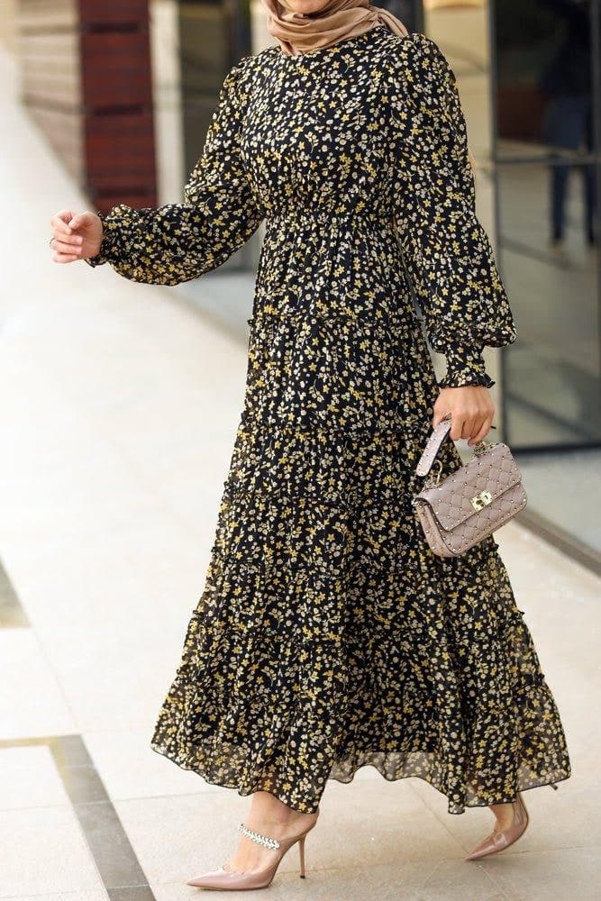 Eva shirred tiered maxi dress in yellow floral viscose chiffon - ANNAH HARIRI