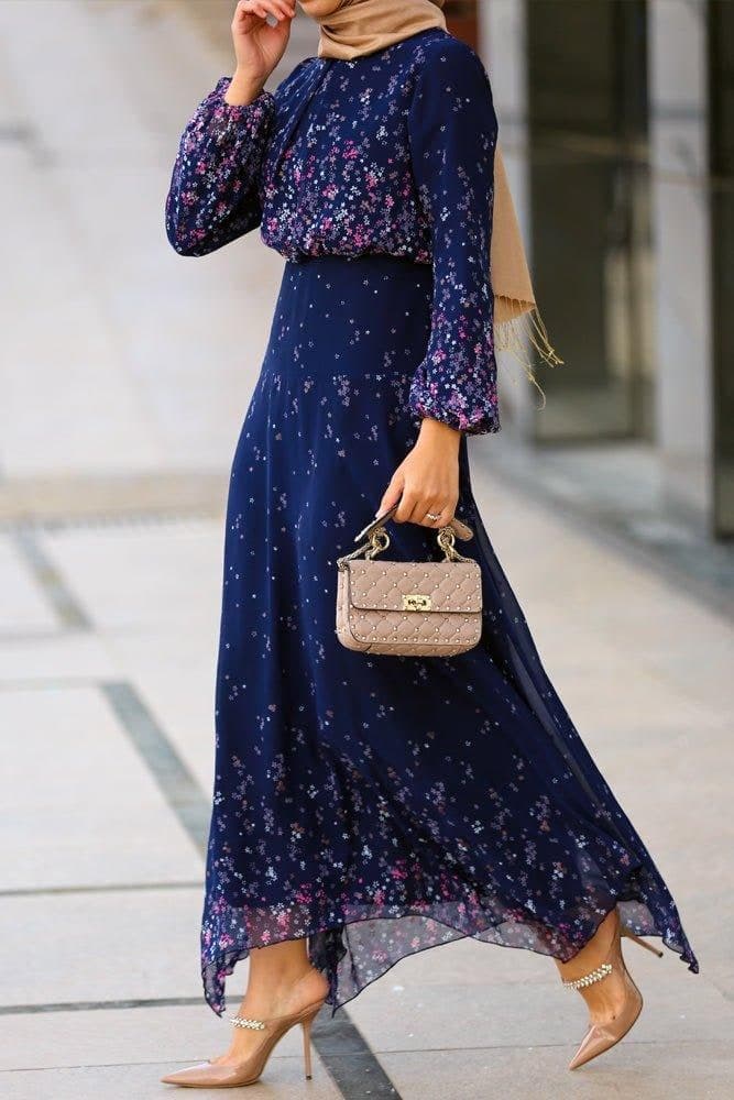 Printed Modest Chiffon Viscose Maxi Dress with Long Sleeve and Full Cotton Lining in blue, view 5