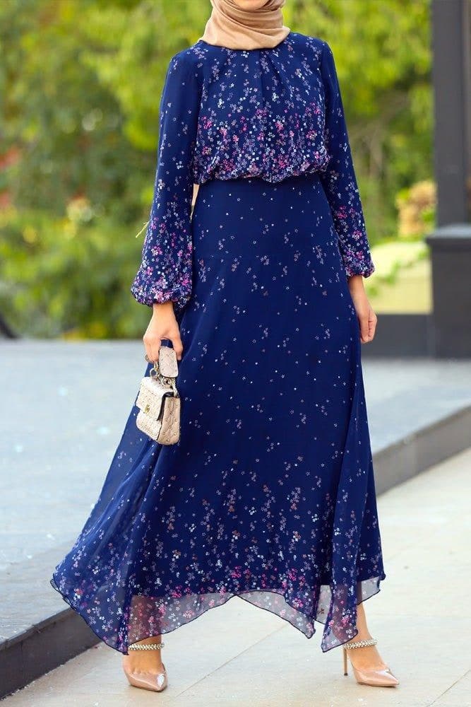 Printed Modest Chiffon Viscose Maxi Dress with Long Sleeve and Full Cotton Lining in blue, view 6