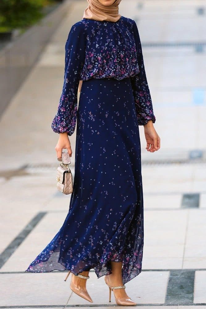 Printed Modest Chiffon Viscose Maxi Dress with Long Sleeve and Full Cotton Lining in blue, view 4