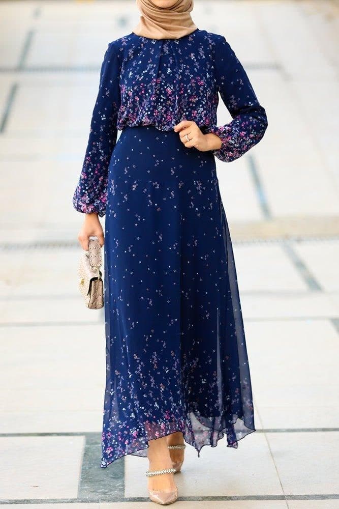 Printed Modest Chiffon Viscose Maxi Dress with Long Sleeve and Full Cotton Lining in blue, view 3
