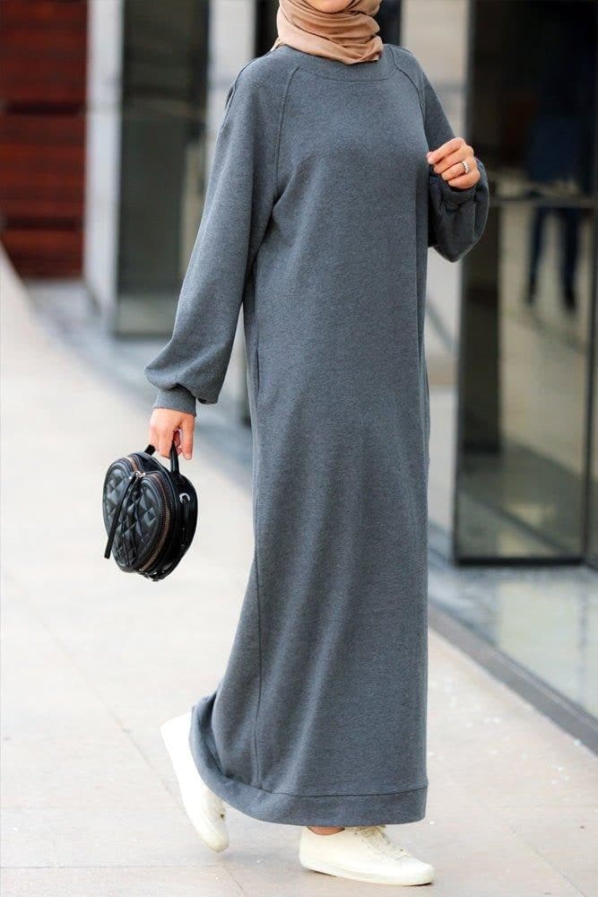 Oversized Modest Maxi Sweatshirt Dress with Pockets in Grey, view 4