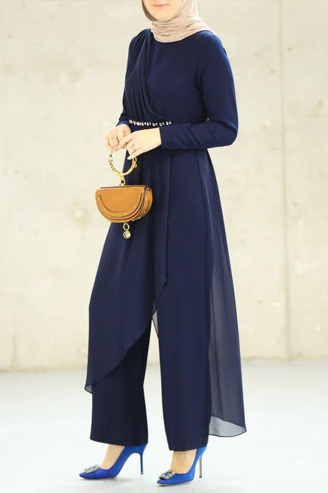 Flowing chiffon detail on navy blue modest jumpsuit