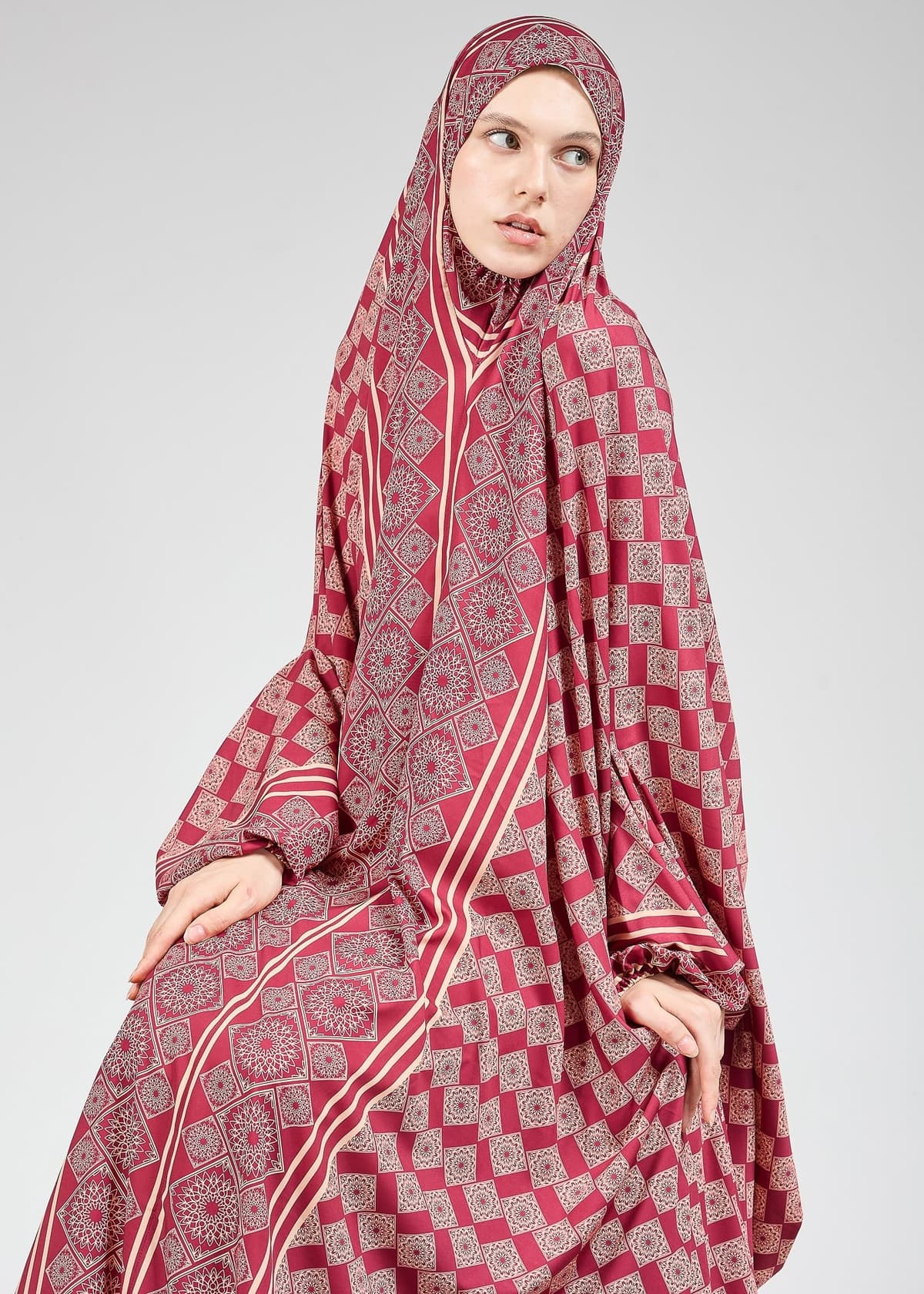 Modest fashion satin gown designed for hijab wear and elegance