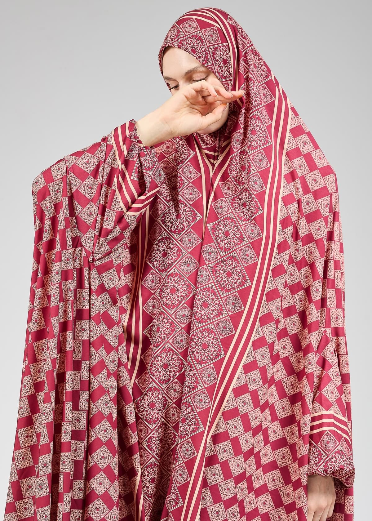 Full-coverage modest gown for hijab wear in satin fabric