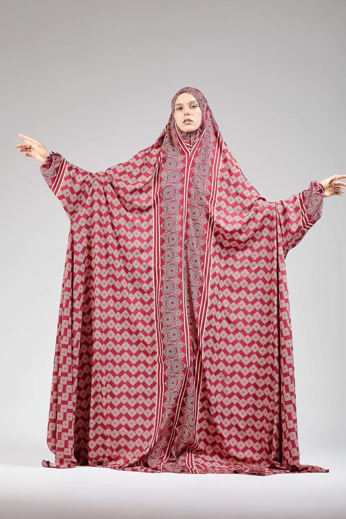 Back view of elegant satin prayer gown with extended coverage