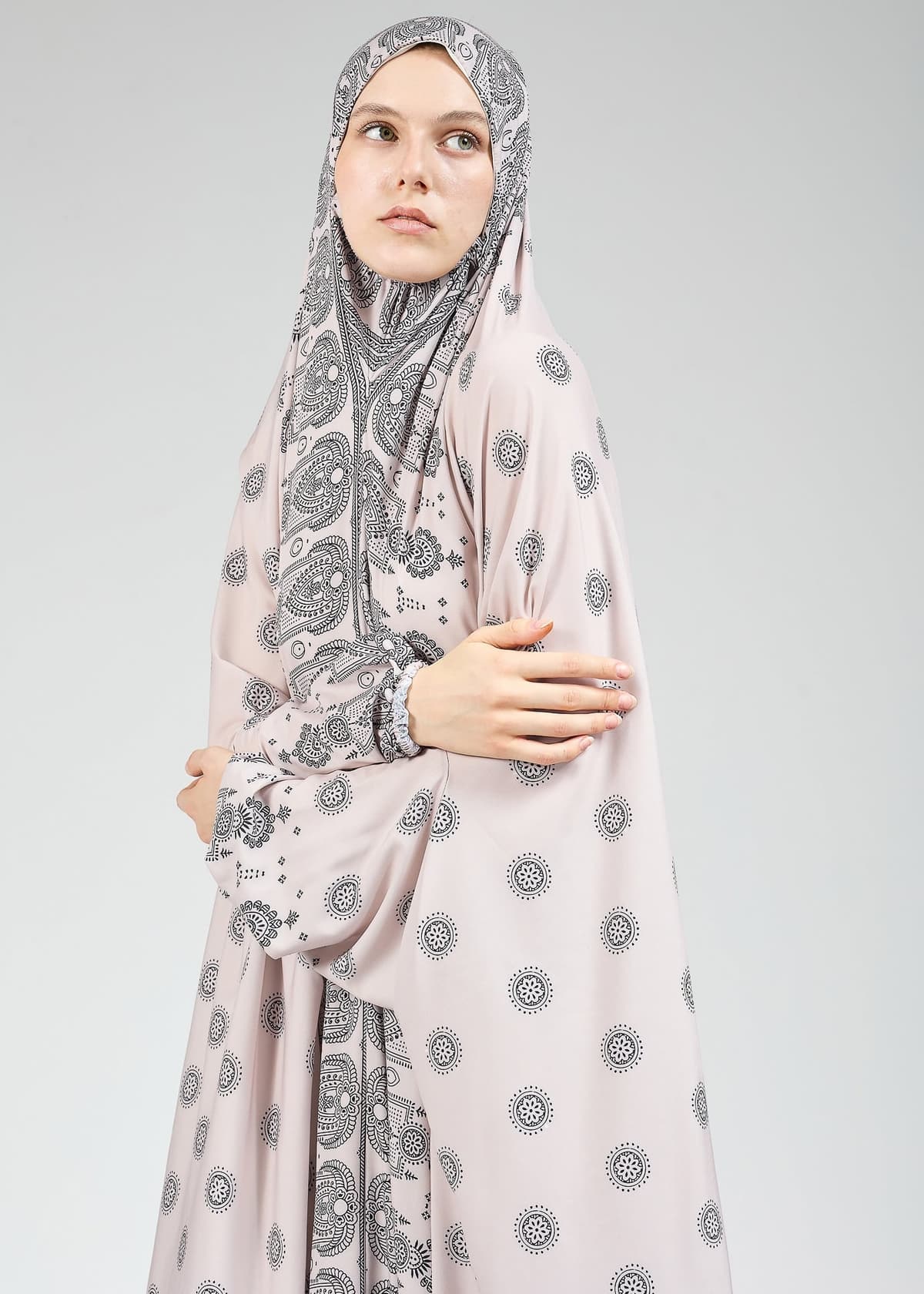 Modest fit of satin prayer gown with extended coverage