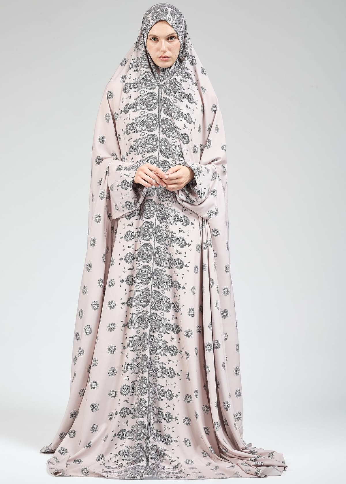 Draped satin prayer gown with flowing design