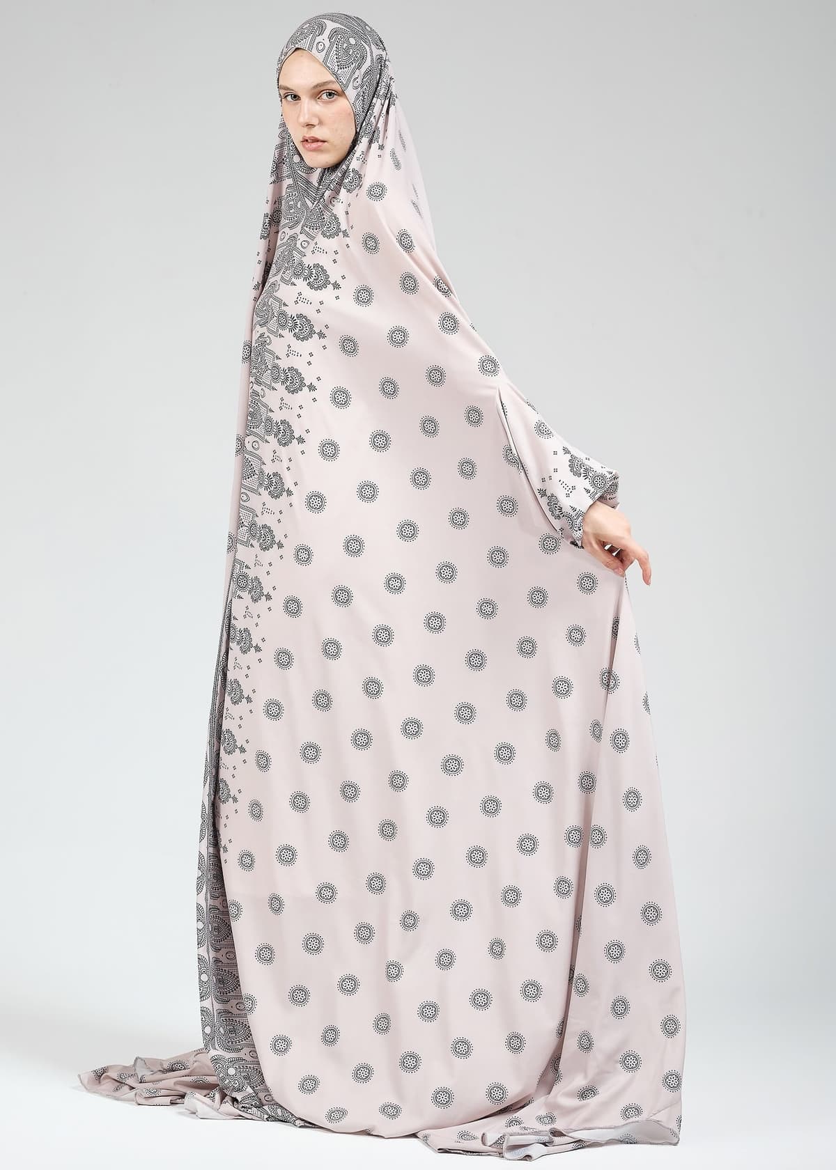 Detailed paisley print on satin prayer gown