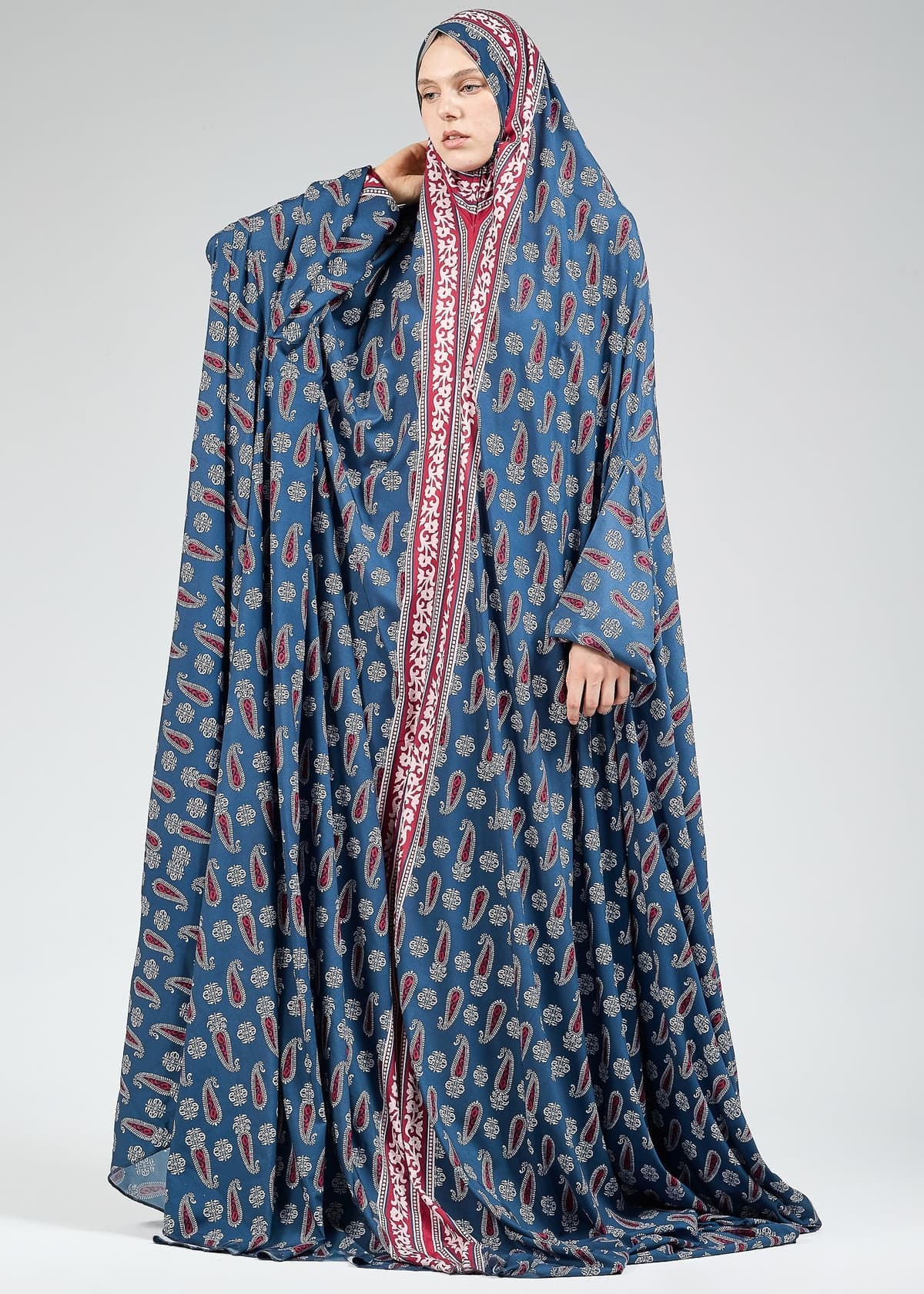 Sleeve detail of satin prayer gown with contrast border