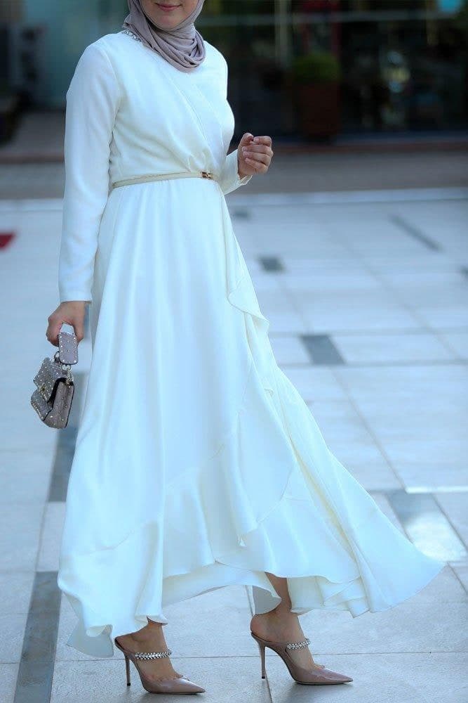 Close-up of the ruffle detail on the gown.