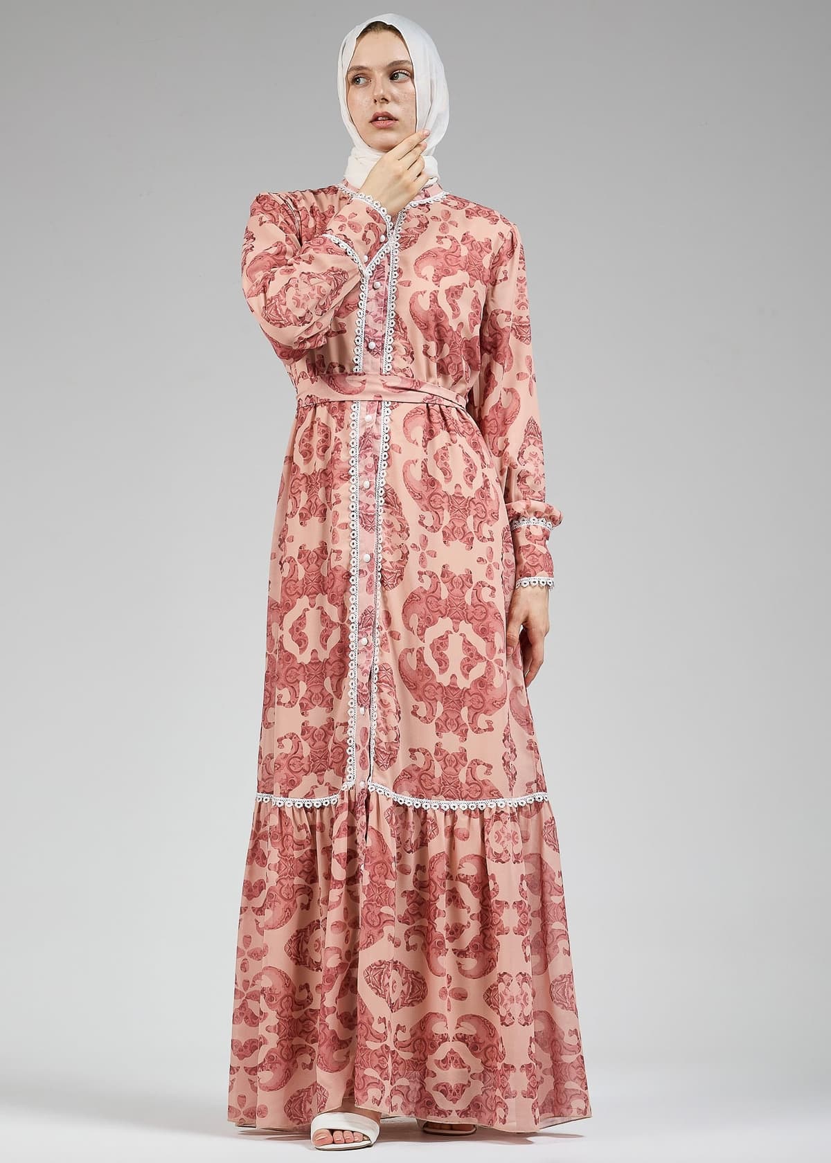 Floral lace-trimmed modest maxi dress with belt and flared sleeves