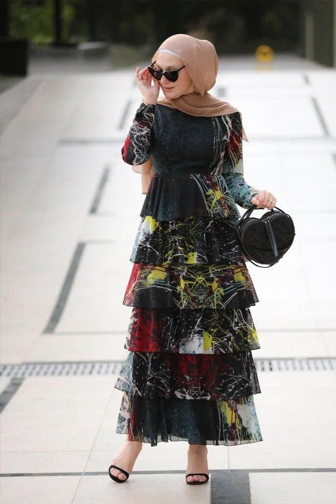 Frilly Modest Dress in black, view 5