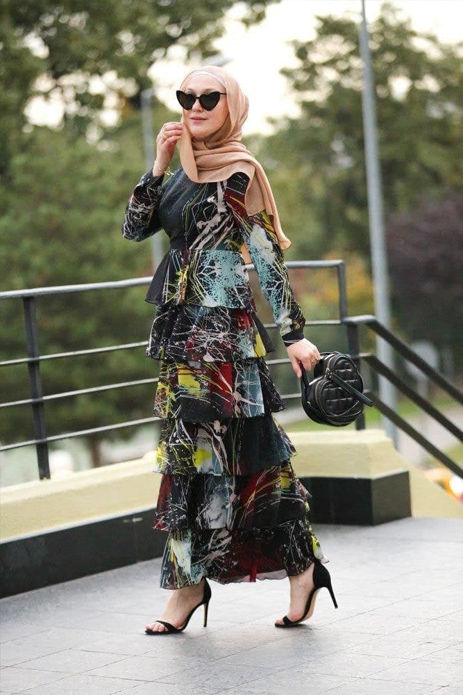 Frilly Modest Dress in black, view 6