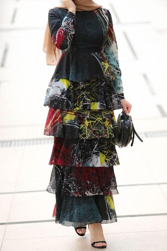 Frilly Modest Dress in black, view 4