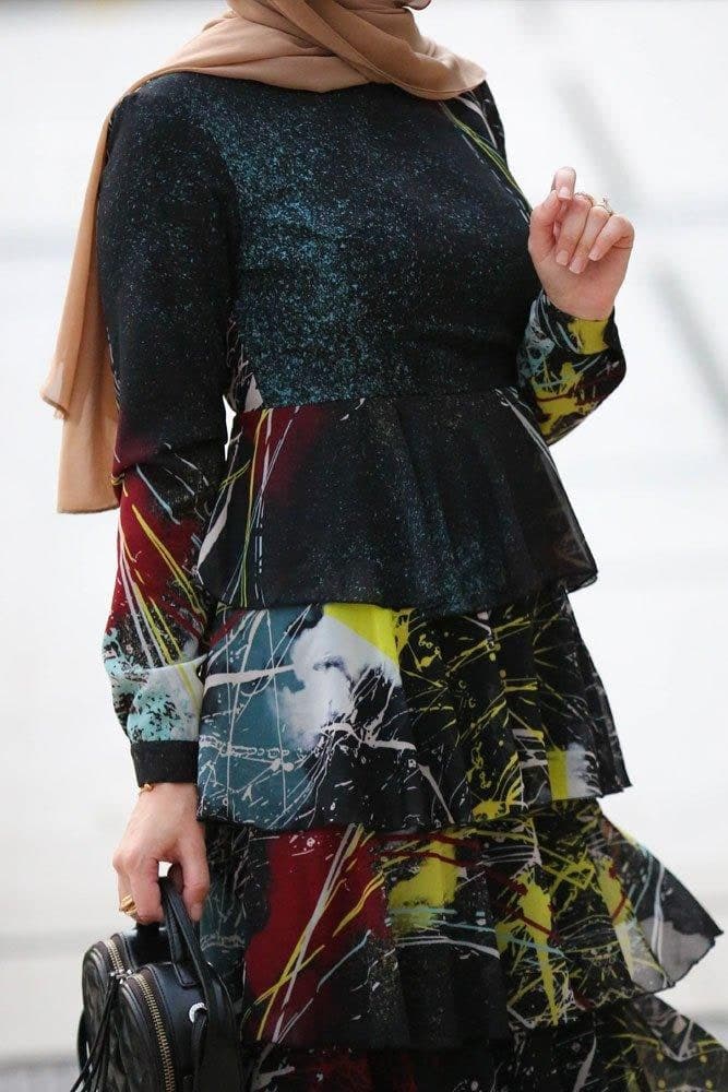 Frilly Modest Dress in black, view 3