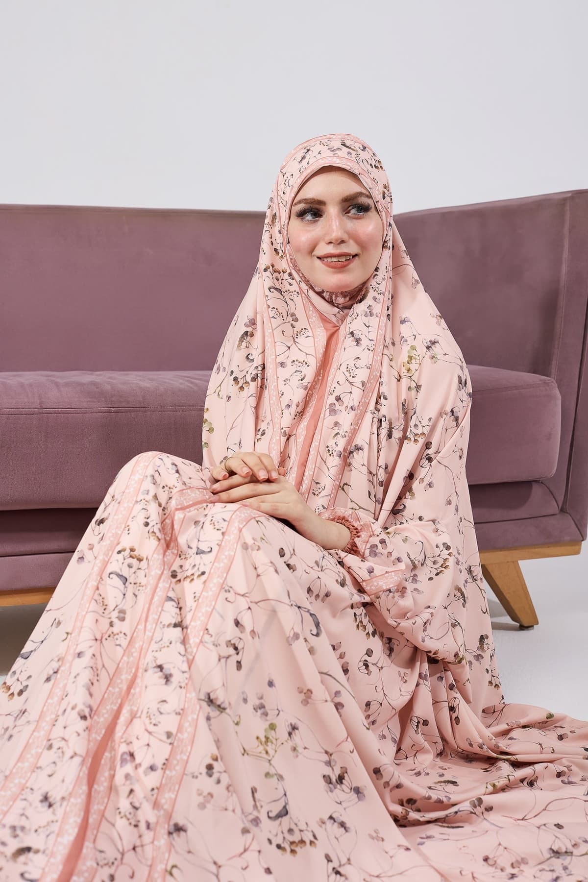 Full-body standing view of satin floral prayer gown