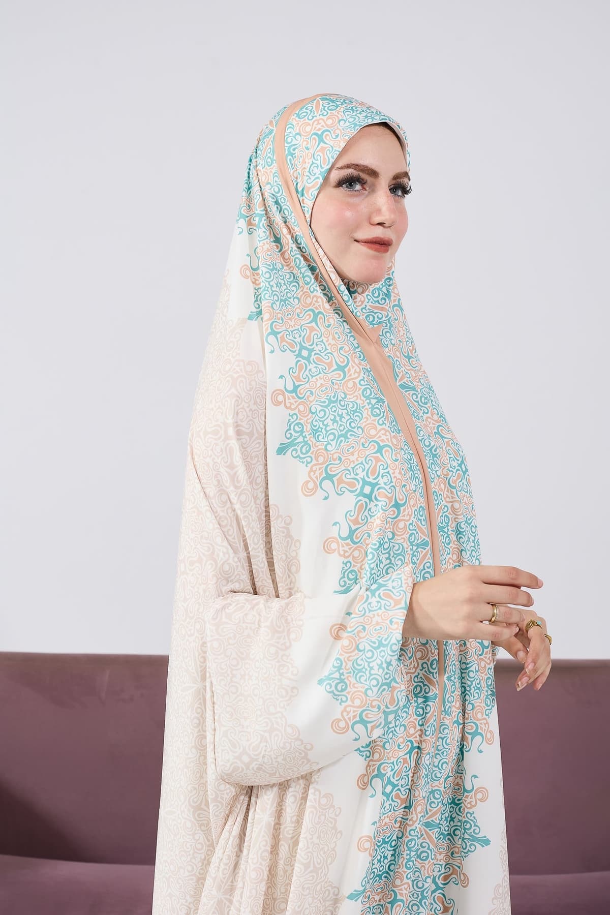 Satin prayer gown for modest fashion with floral print