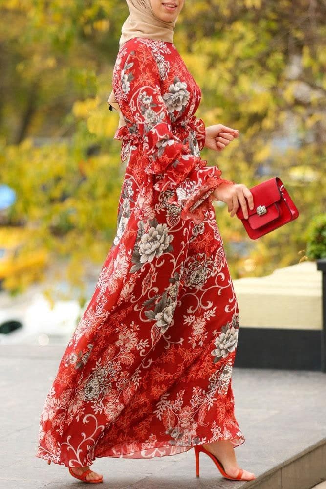 Fall Modest Dress in red, view 3