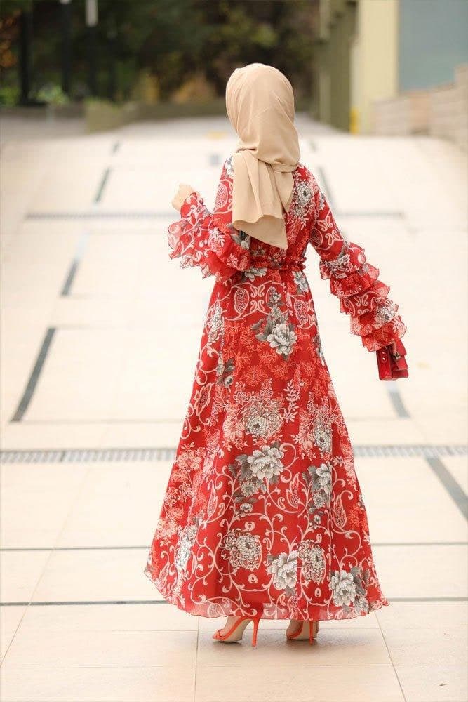 Fall Modest Dress in red, view 4