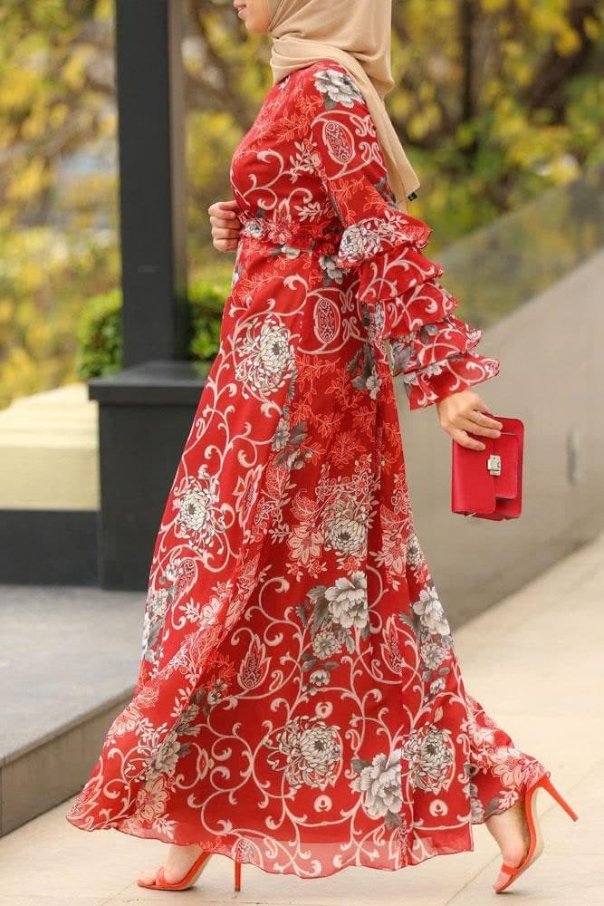 Fall Modest Dress in red, view 5