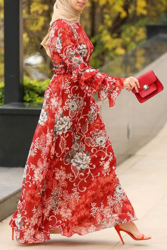 Fall Modest Dress in red, view 6