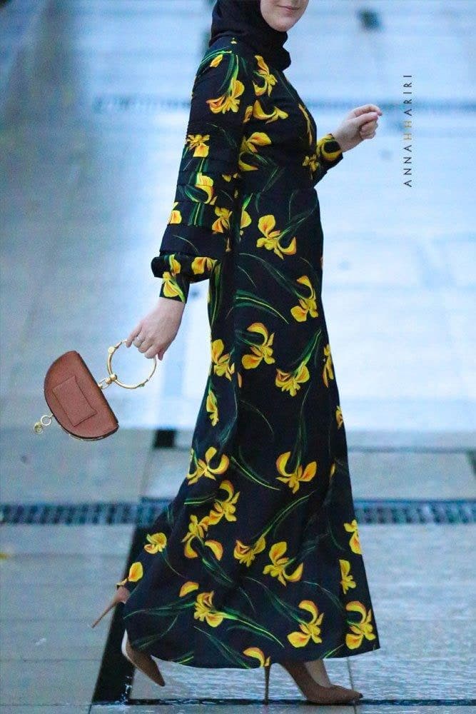Yellow floral print on Floral Elegance Designer Modest Dress