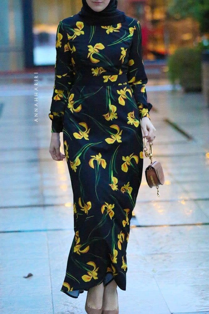 Maxi length of Floral Elegance Designer Modest Dress