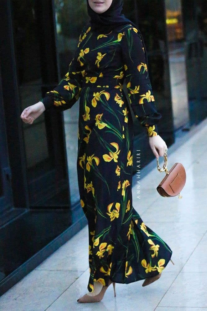 Black Designer Modest Dress with yellow flowers