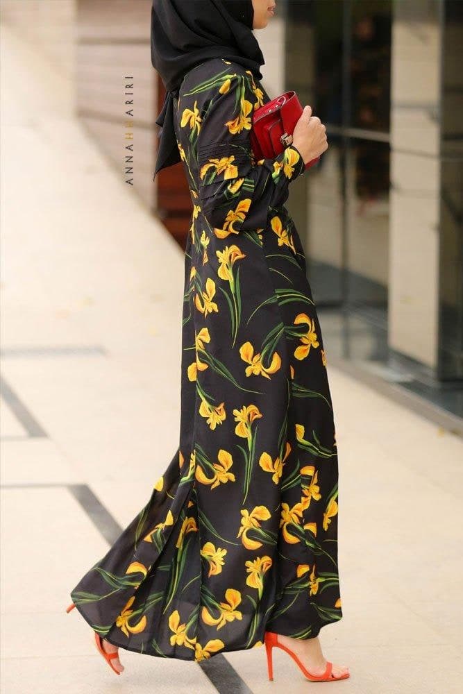 Model walking in Floral Elegance Designer Modest Dress