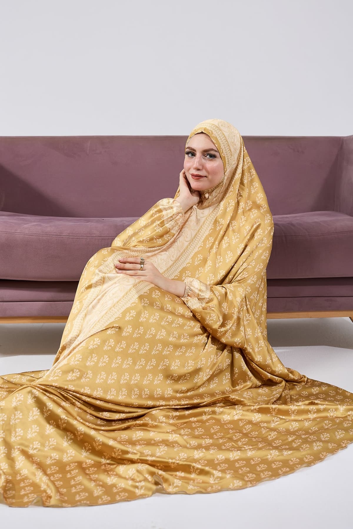 Modest golden satin prayer gown with extended coverage, back view
