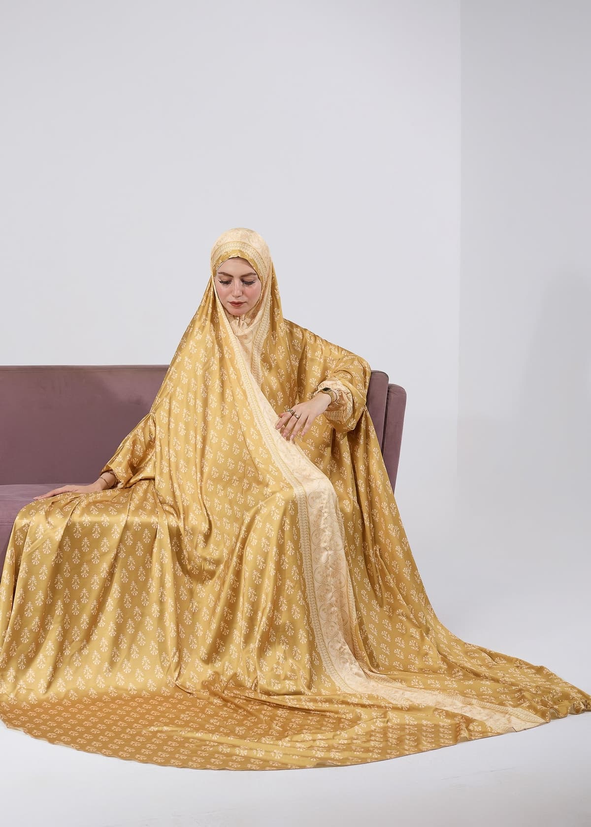 Luxurious satin prayer gown in golden floral print, front view