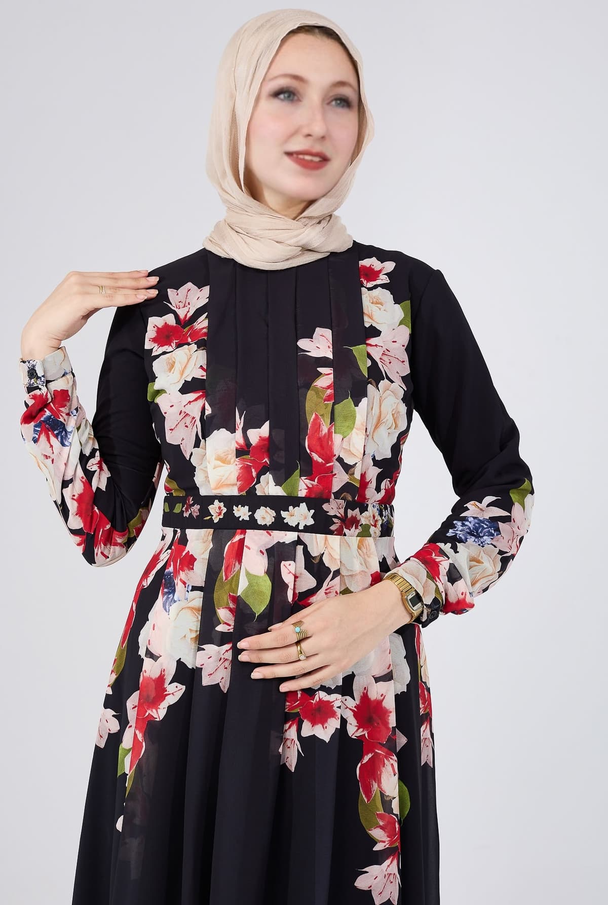 Full-length image of chiffon maxi dress with bold floral design