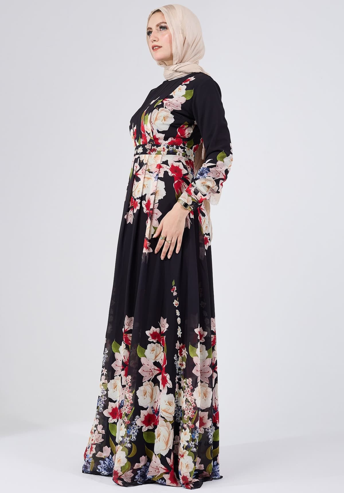 Back view of chiffon maxi dress with floral pattern