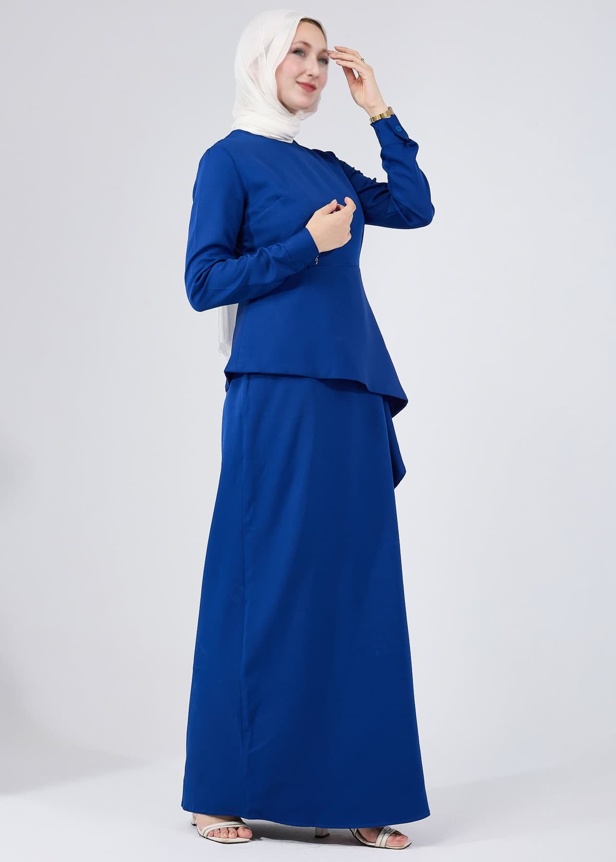 Buttoned cuff detail of Asymmetric Peplum Maxi Dress in Royal Blue