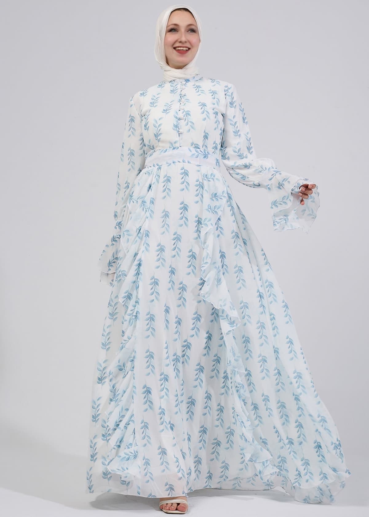 Full-length chiffon maxi dress with ruffled hemline and bell sleeves
