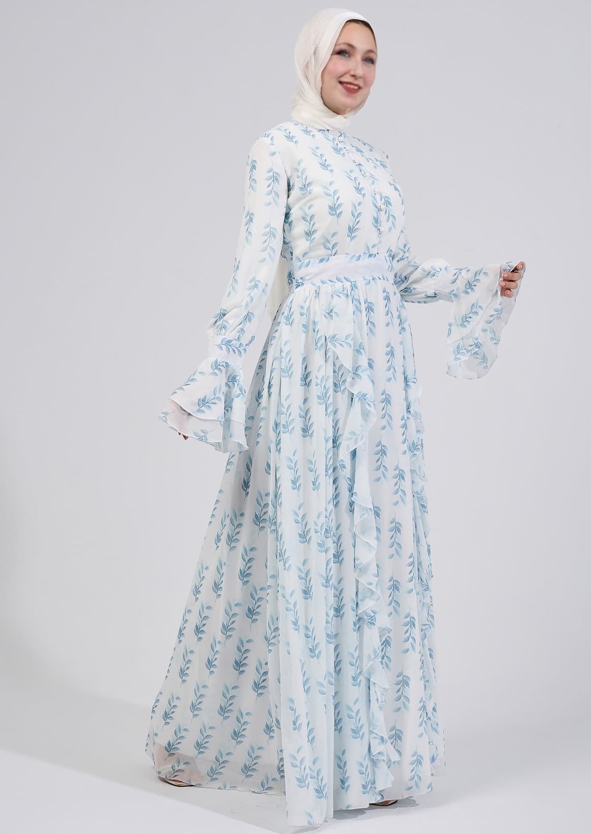 Back view of chiffon maxi dress with delicate floral patterns