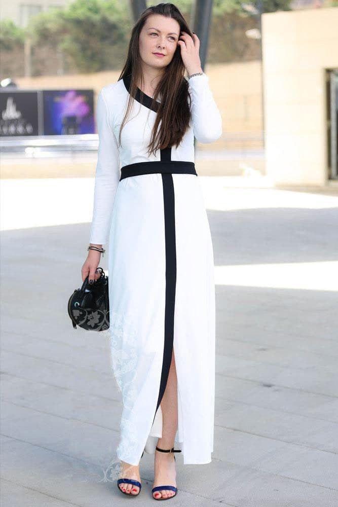 Black and White Contrast Abaya Dress - Black Trim Detail