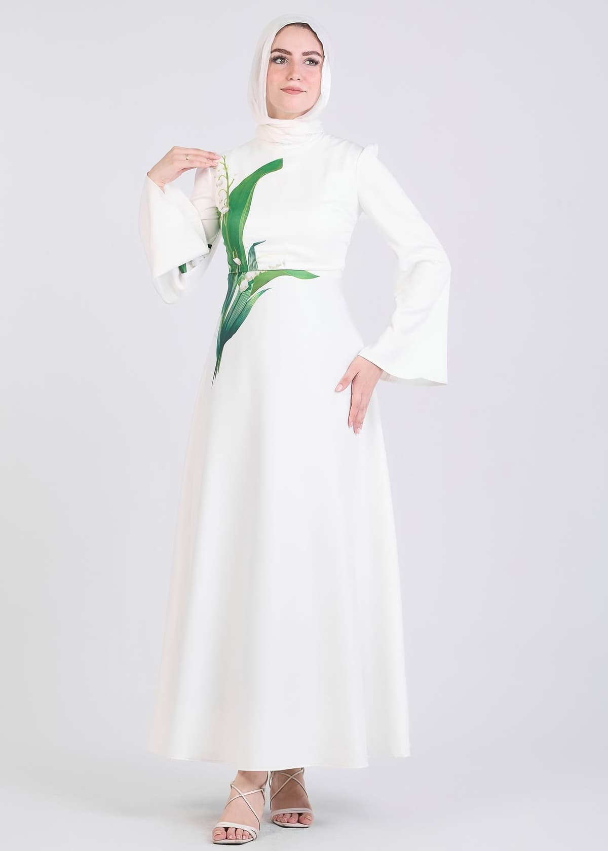 Front detail of Ivory Maxi Dress with Lily Floral Motif