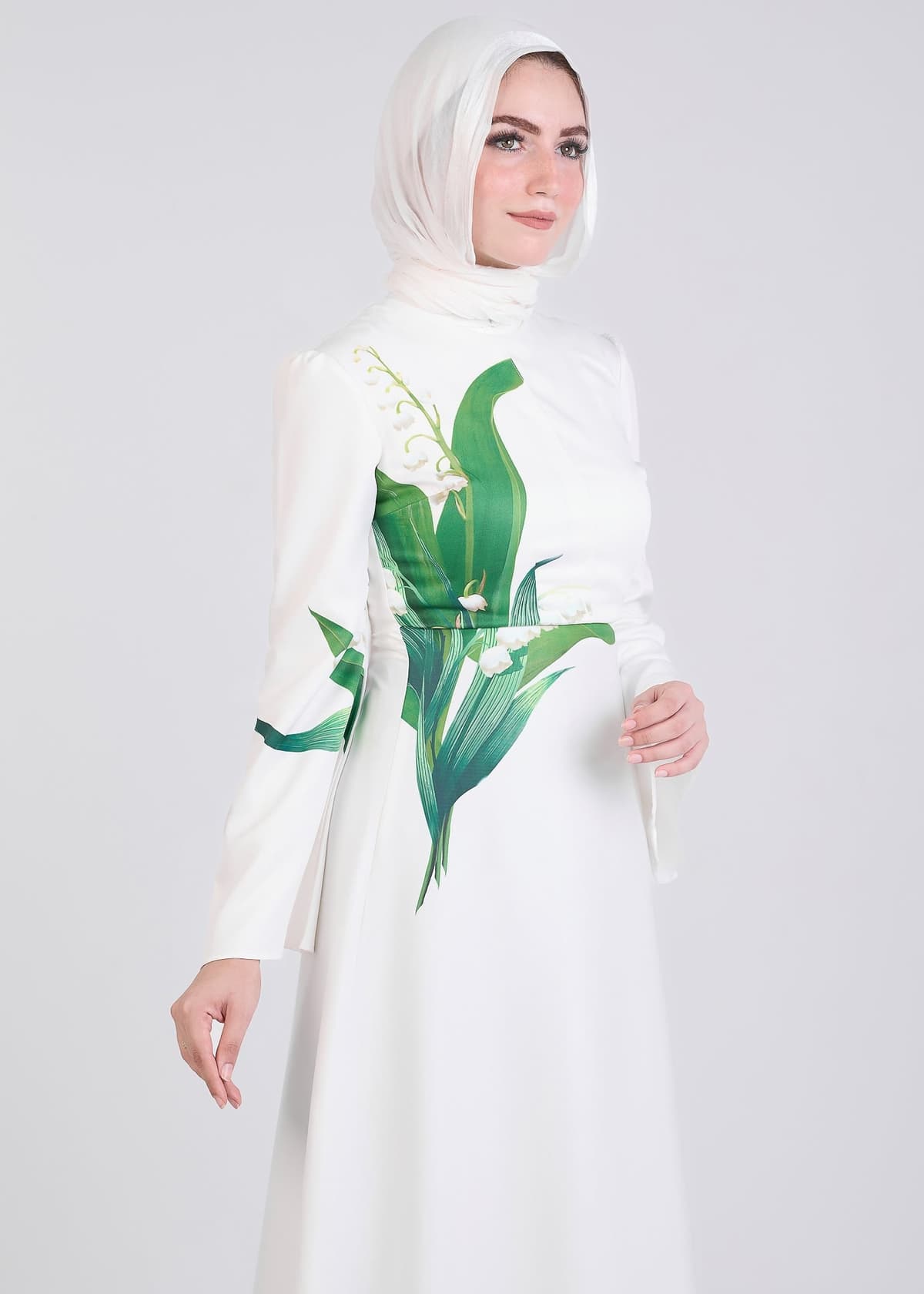 Modest Lily Motif Maxi Dress in Ivory