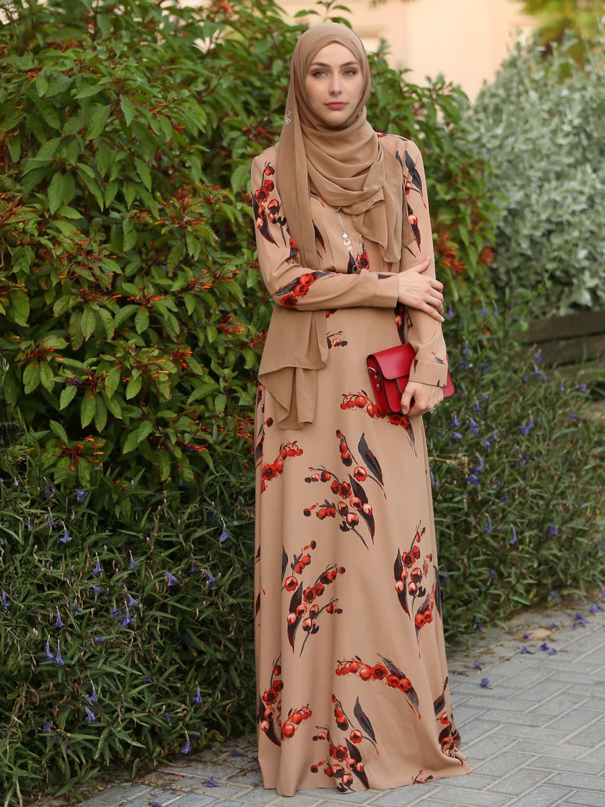 Autumn Cherry Modest Dress in beige, view 4