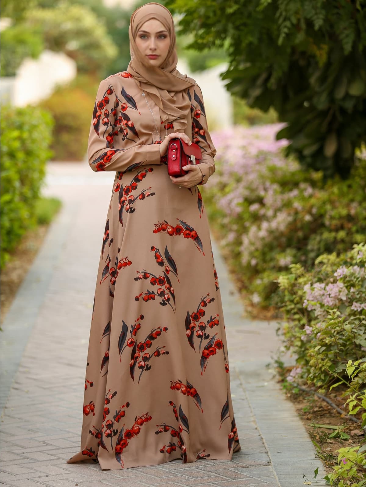 Autumn Cherry Modest Dress in beige, view 3
