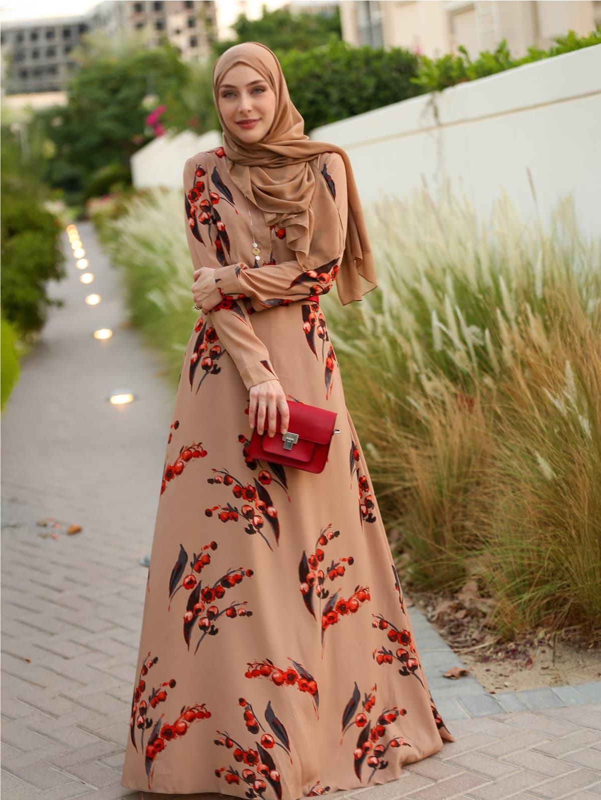 Autumn Cherry Modest Dress in beige, view 6
