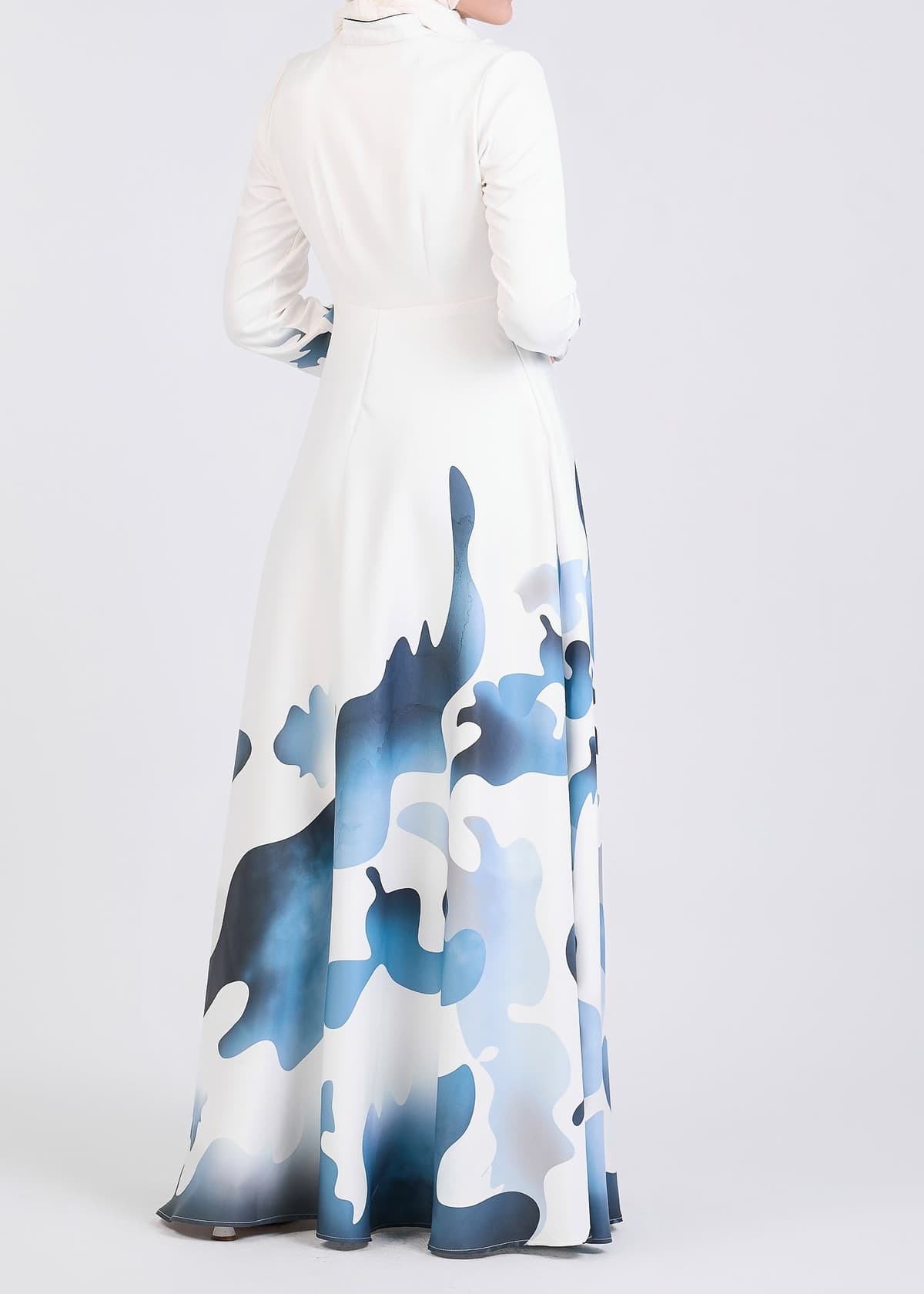 Full-length view of Azure Wave Abstract Crepe Maxi Dress
