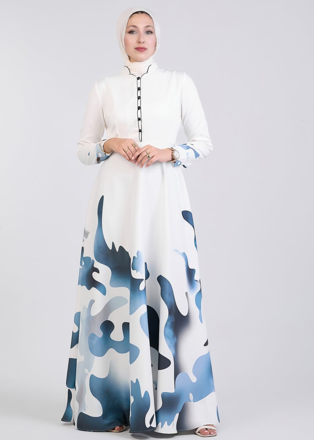 Close-up detail of Azure Wave Abstract Crepe Maxi Dress