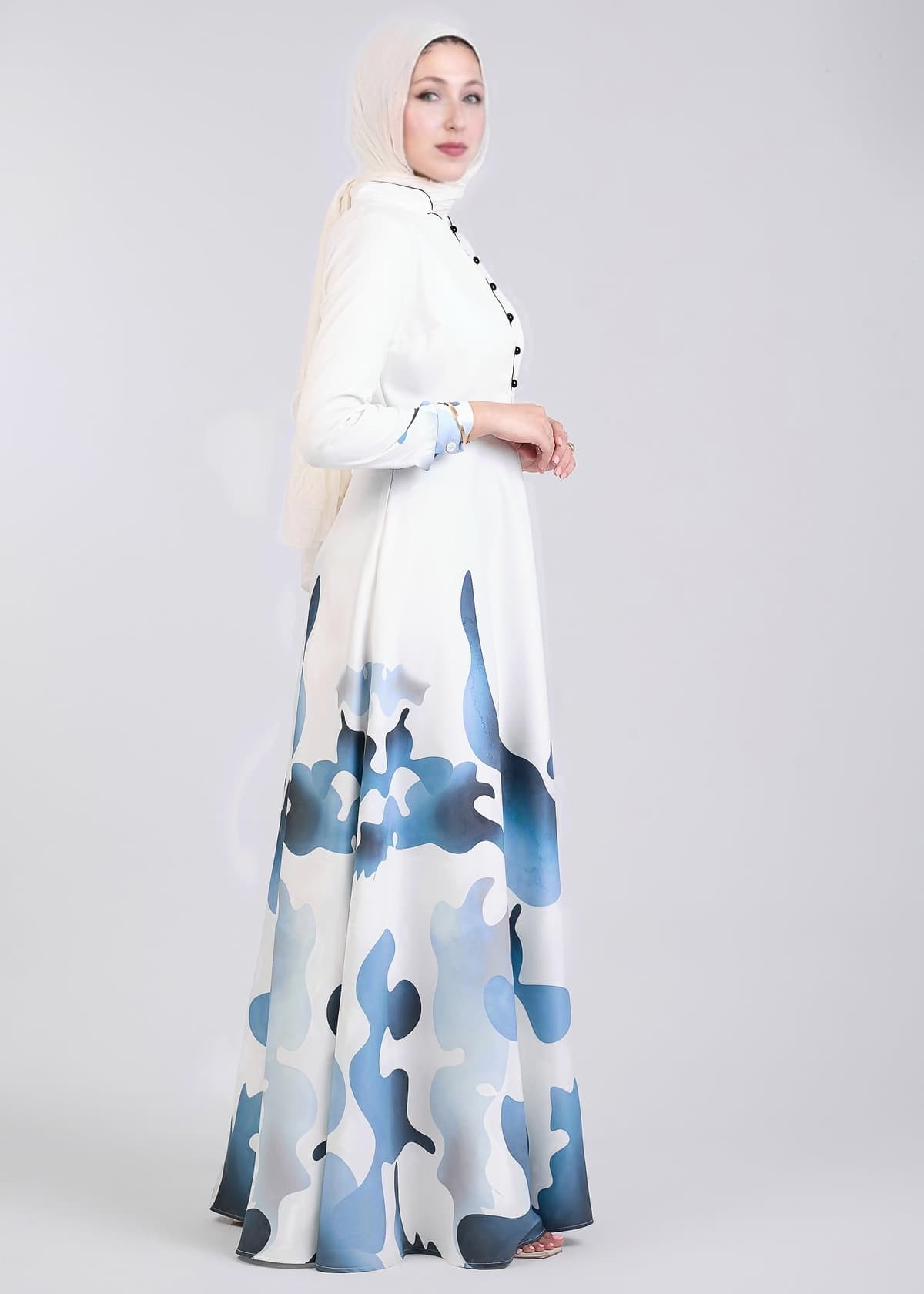 Back view of Azure Wave Abstract Crepe Maxi Dress