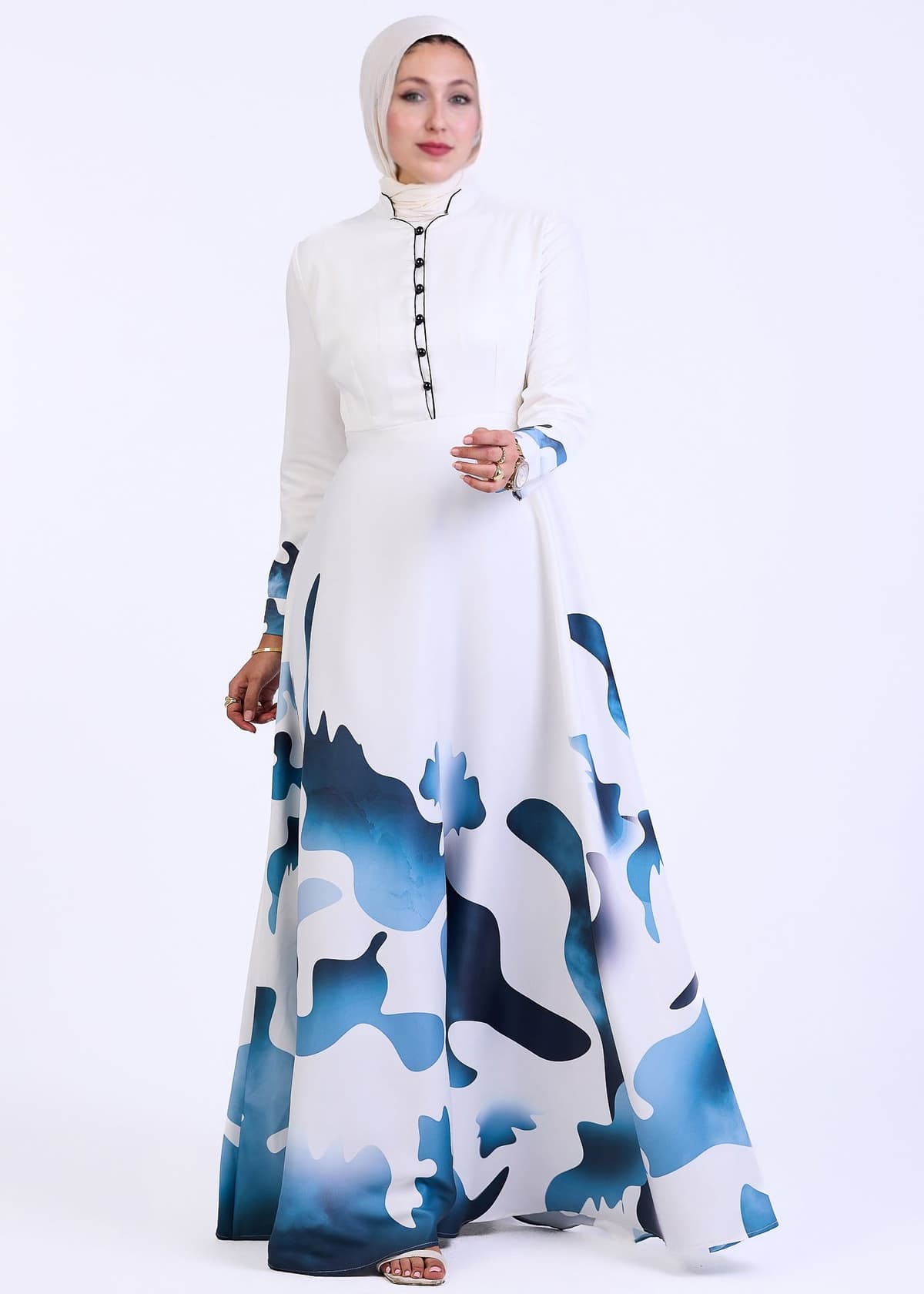 High neck design of Azure Wave Abstract Crepe Maxi Dress