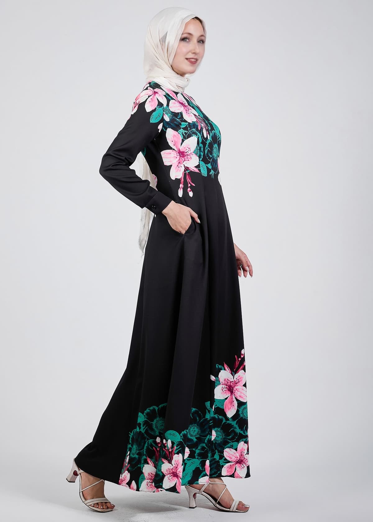 Pocket detail of Floral Grace Black Crepe Maxi Dress