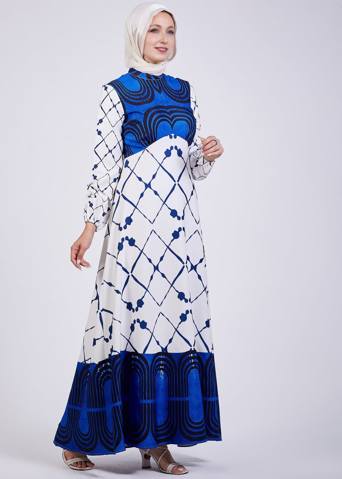 Serena Blue Geometric Print Maxi Dress - Pattern Detail