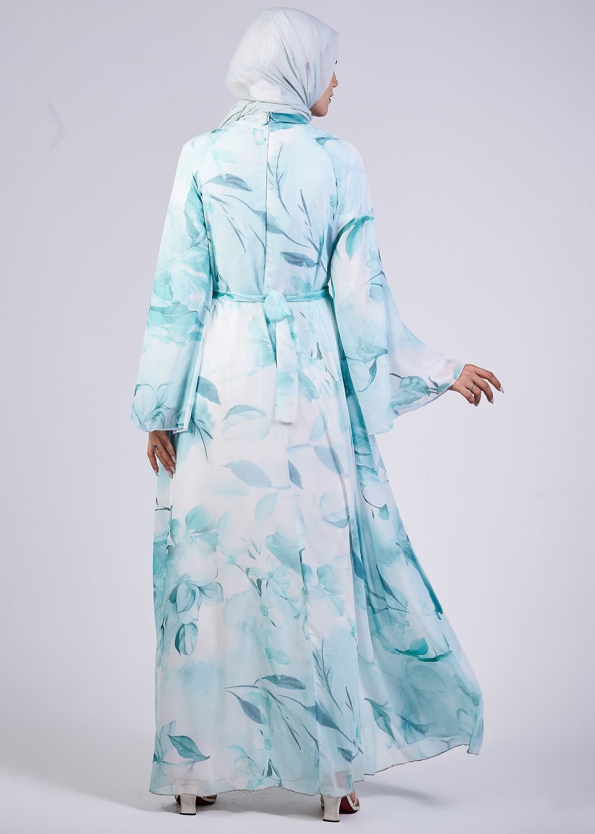 Close-up of the bow tie detail on the Elegance Floral Maxi Dress